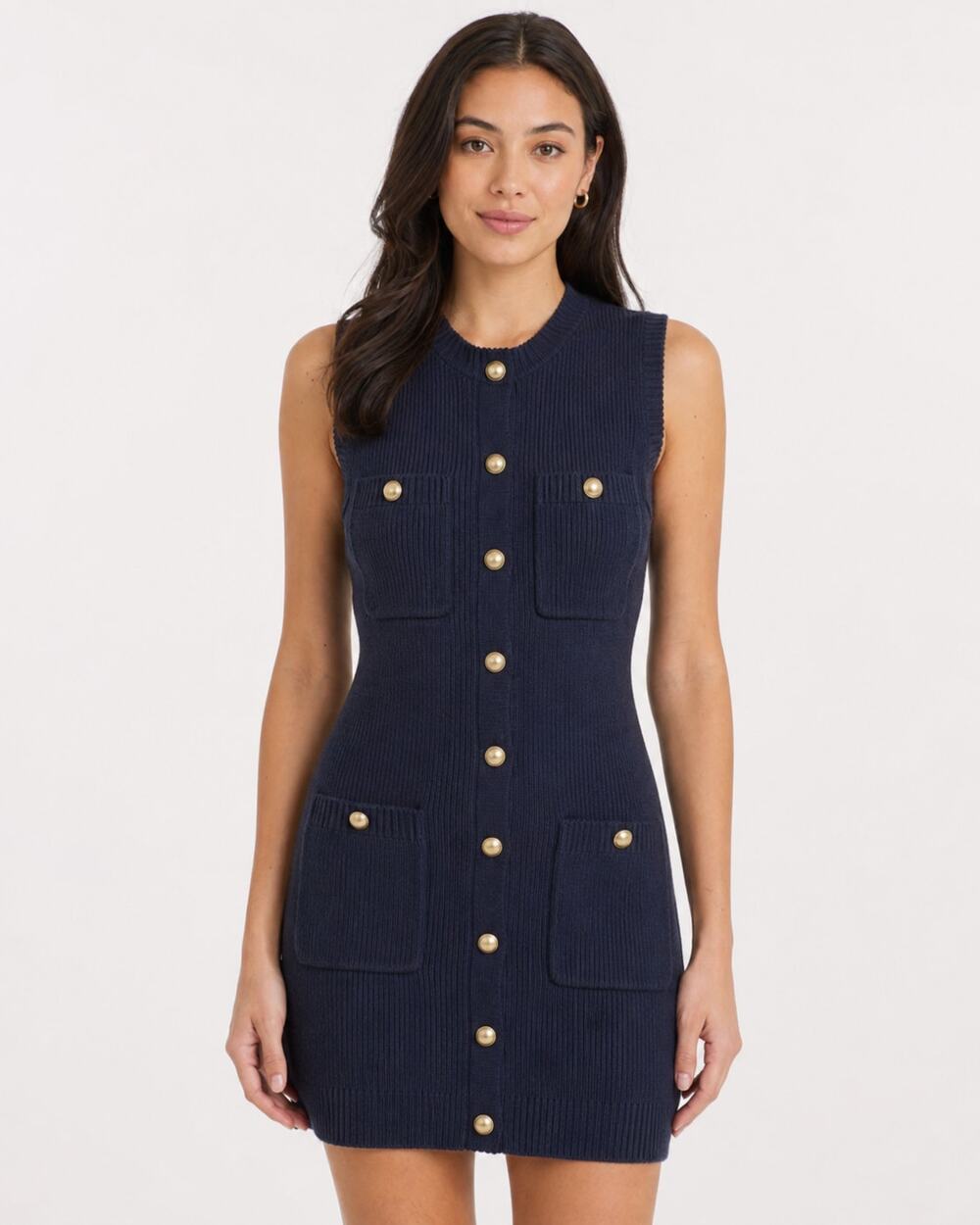 NWT Caroline Constas Navy Knit Gold Button Mini Dress Size Large